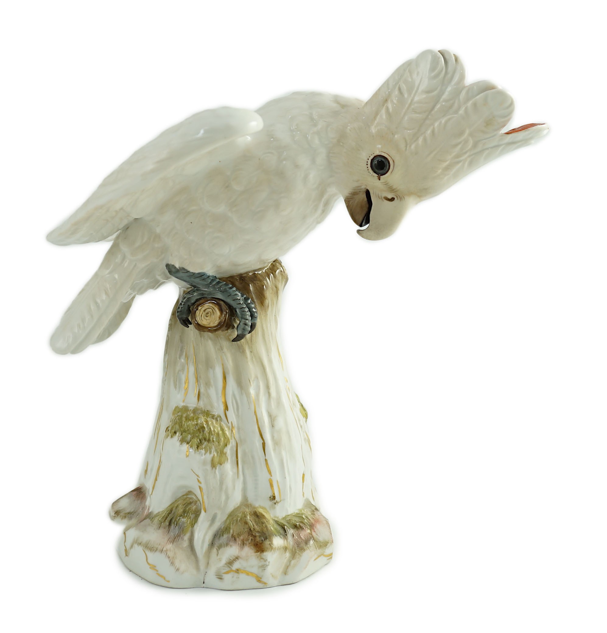 A Meissen figure of a cockatoo, late 19th century, 21.5cm high, chip to crest